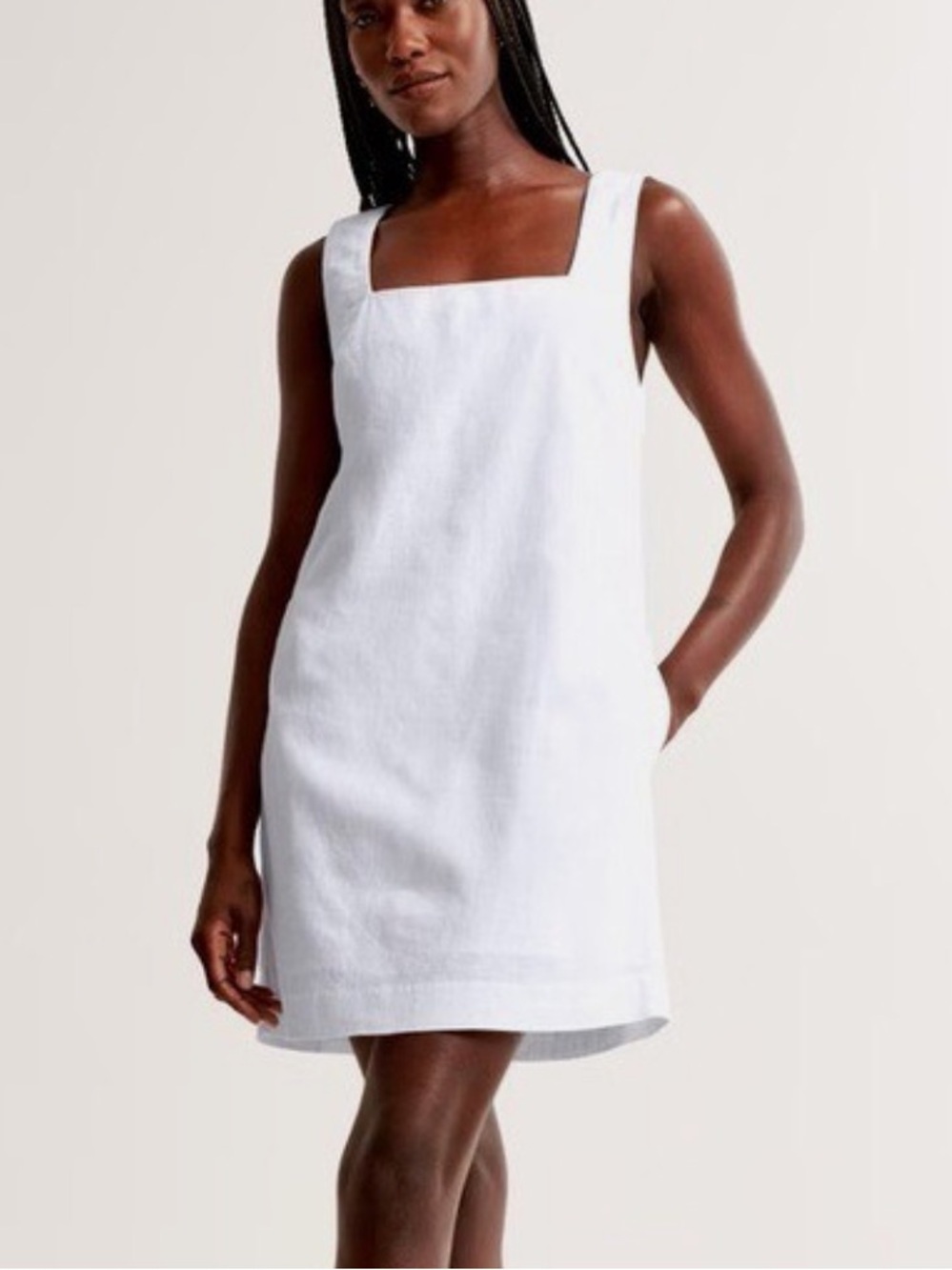 A&F White Linen Blend Square Neck Sleeveless Mini Dress with Pockets NEW XL